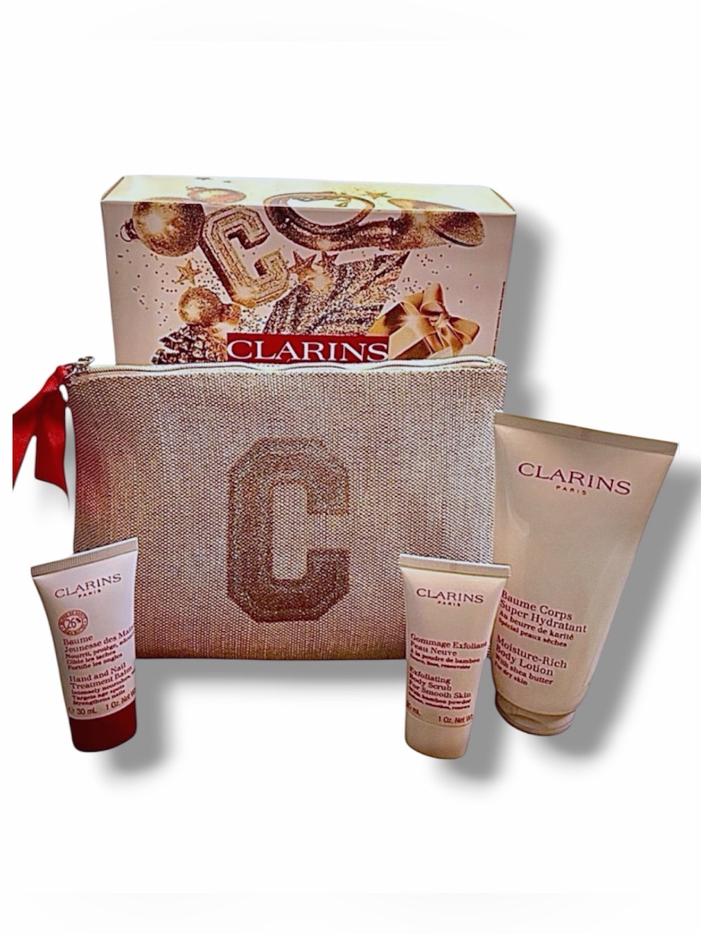 Clarins 4pcs Set Body & Nail Balm Exfoliating Scrub Super Hydratant Body Lotion